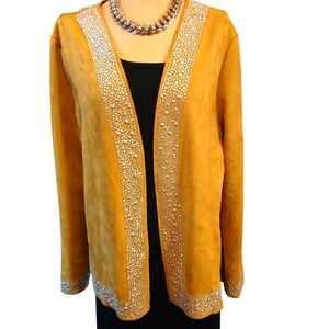 VOCAL Faux Suede Open Cardigan Jacket w Rhinestones and Stud Trim EUC  SZ L